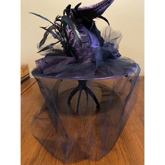 Halloween Witch Hat Purple Feathers Spiders Satin Costume Masquerade Holiday - Picture 2 of 6